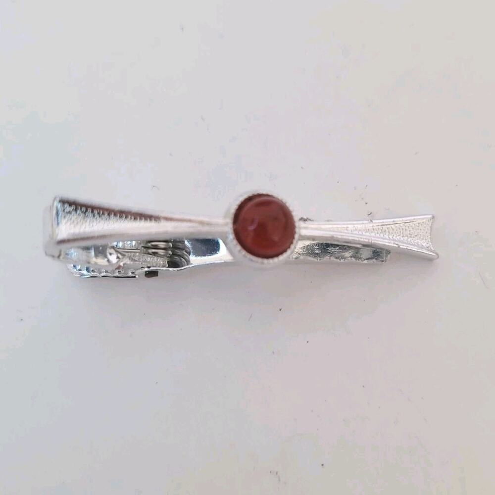 Rolled Gold Silver Tie Bar Clip Tac Clasp Retro‎ Red Cabochon Lightweight Small